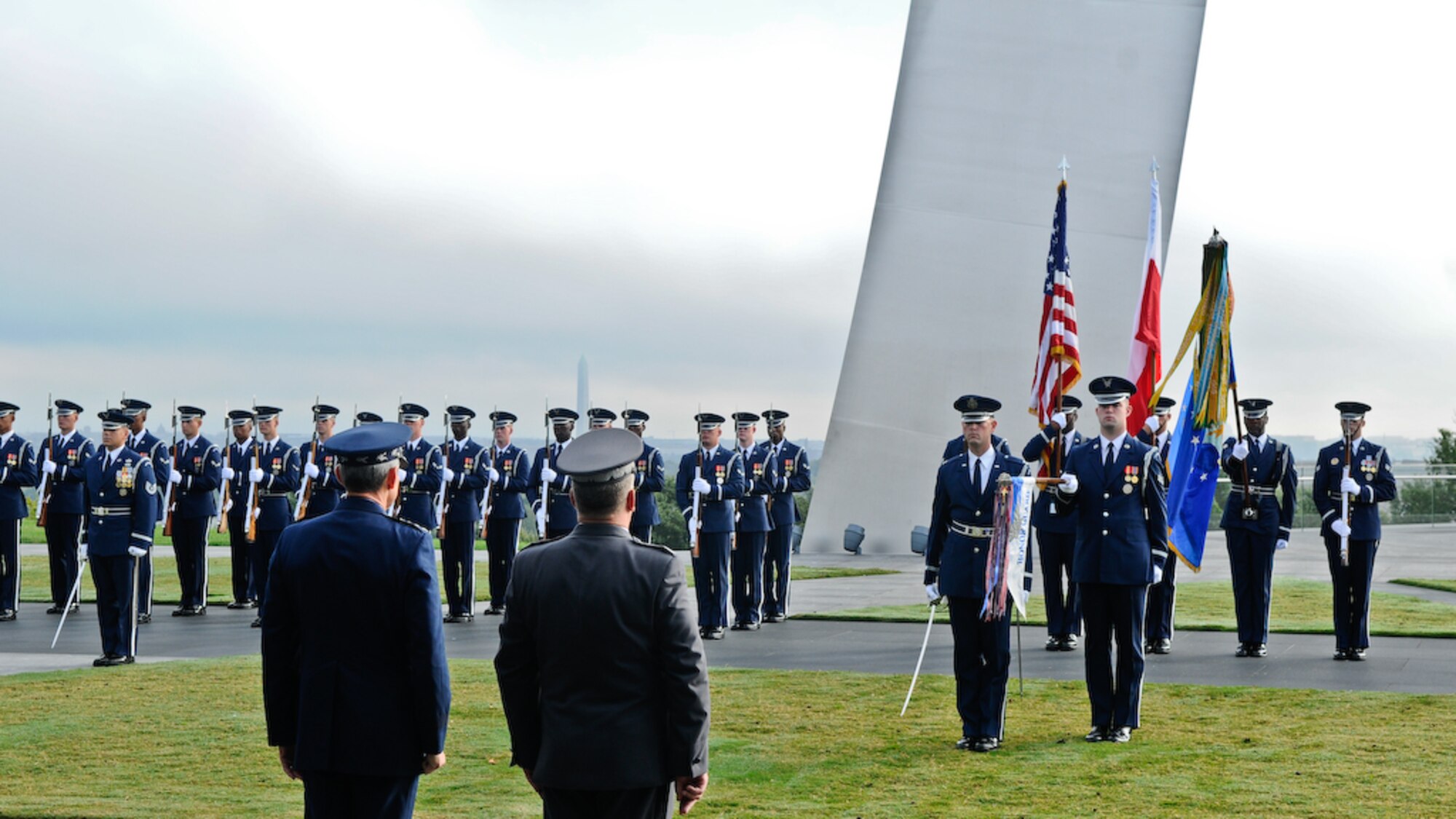 Gen. Norton A. Schwartz, Air Force chief of staff, and Lt. Gen. Andrzej Blasik, commander of the Polish air force, attend an arrival ceremony in General Blasik's honor, at the U.S. Air Force Memorial Sept. 22. In a brief ceremony, General Schwartz presented the Legion of Merit to General Blasik. This is the first United States decoration created specifically to award citizens of other nations.  The decoration was established in 1940 by an Act of Congress. (U.S. Air Force photo by Senior Airman Alexandre Montes)