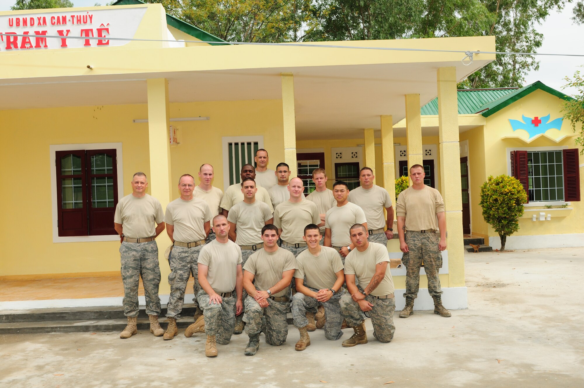 Air Force civil engineers stand in front of the newly refurbished Cam Thuy Medical Clinic on Sept. 20 in Quang Tri Province, Vietnam, where the team conducted electrical, plumbing and structural work on the clinic during Operation Pacific Angel 2009. Airmen are participating in the operation Sept. 15 to 24 to provide humanitarian assistance in cooperation with local authorities to Quang Tri Province residents. Pacific Angel is a Pacific Air Forces operation led by 13th Air Force at Hickam Air Force Base, Hawaii. The joint and combined humanitarian assistance operation is conducted in the Pacific area of responsibility to support U.S. Pacific Command’s capacity-building efforts. (U.S. Air Force photo/Tech. Sgt. Kerry Jackson)