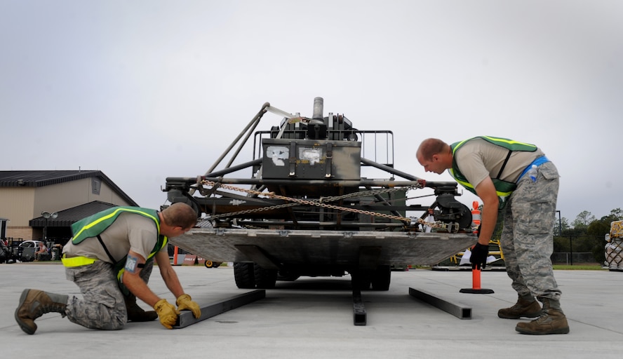 MOODY AIR FORCE BASE, Ga. -- Senior Airman Erik Maziarz and Staff Sgt. Robert Styles, 23rd Logistic Readiness Squadron marshal augmentees, prepare for a pallet of cargo to be off loaded by a fork lift during the Phase I Operational Readiness Inspection here Sept. 22. During the inspection, the 23rd Wing is tested on its capabilities to rapidly deploy personnel, equipment and assets. (U.S. Air Force photo by Senior Airman Gina Chiaverotti-Paige)