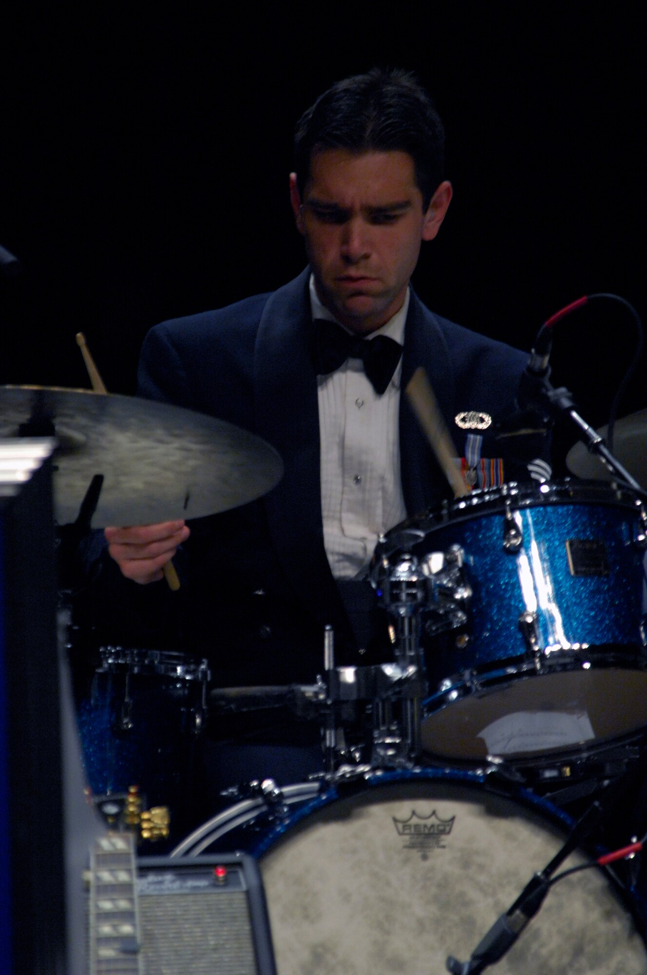MINOT, N.D. -- Senior Airman Steve Helford, Heartland of America Air Force Band Noteables drummer, plays during a concert at Minot State University Sept. 17 here.  This sleek, vibrant jazz ensemble presents exciting, uplifting music inspiring audiences to increased patriotism. (U.S. Air Force Photo by Airman 1st Class Jesse Lopez) 