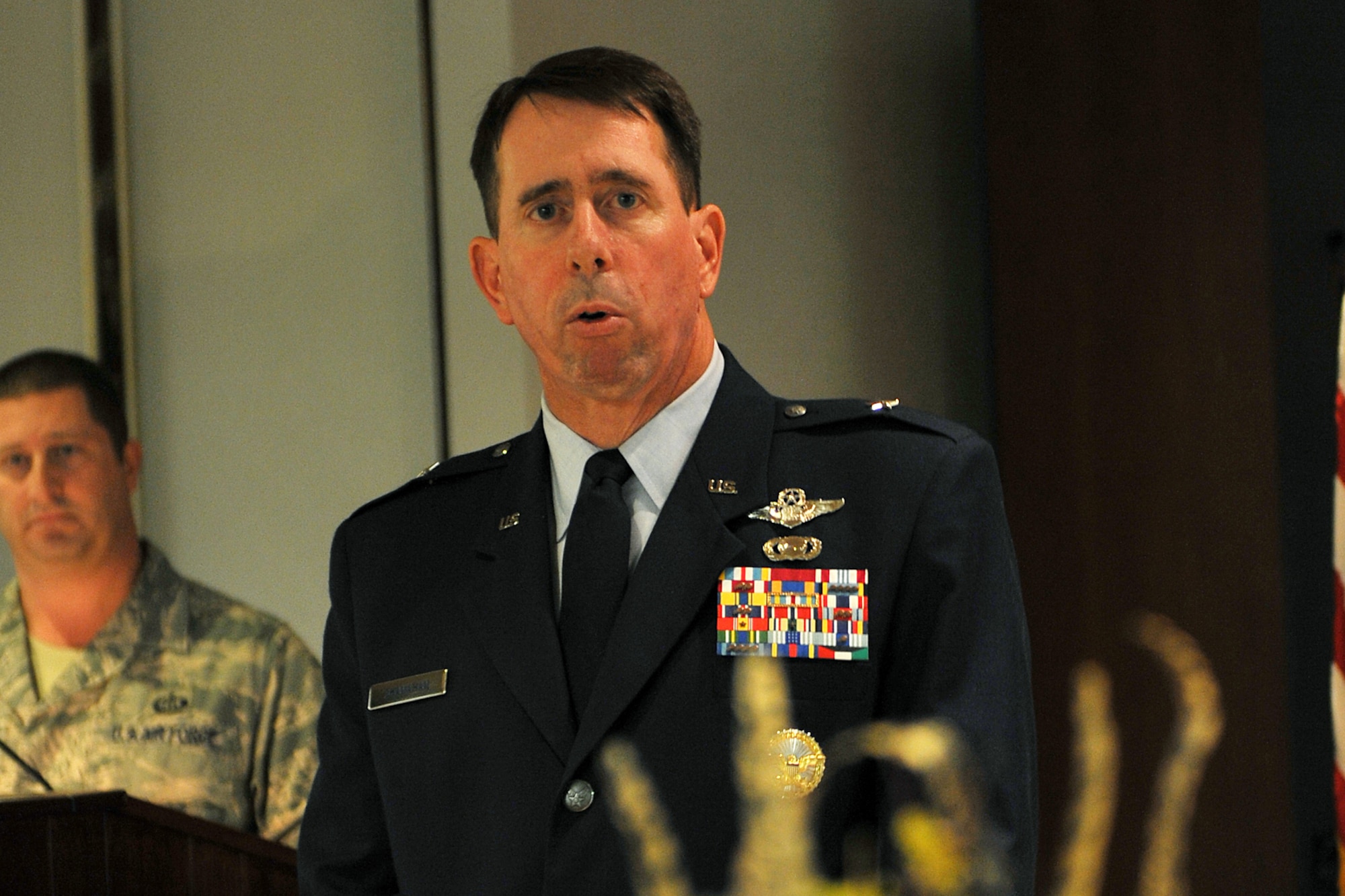 OFFUTT AIR FORCE BASE, Neb., -- Brig. Gen. John N.T. Shanahan, 55th Wing commander, speaks about the importance of recognizing the Air Force's 62nd birthday during Offutt's Air Force birthday celebration at the Patriot Club here Sept. 18.  Initially part of the United States Army, the U. S. Air Force became a separate branch of the military on Sept. 18 1947. U.S. Air Force Photo Charles Haymond
