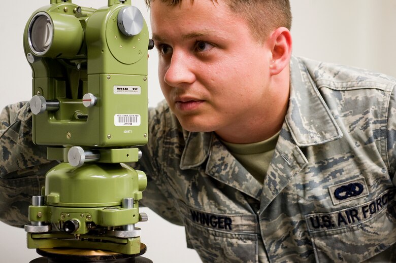 Senior Airman Thomas Winger, 62nd Maintenance Squadron, calibrates a theodolite, an instrument used for measuring both horizontal and vertical angles. The tool is commonly used in surveying and engineering work. (U.S. Air Force photo/Abner Guzman)