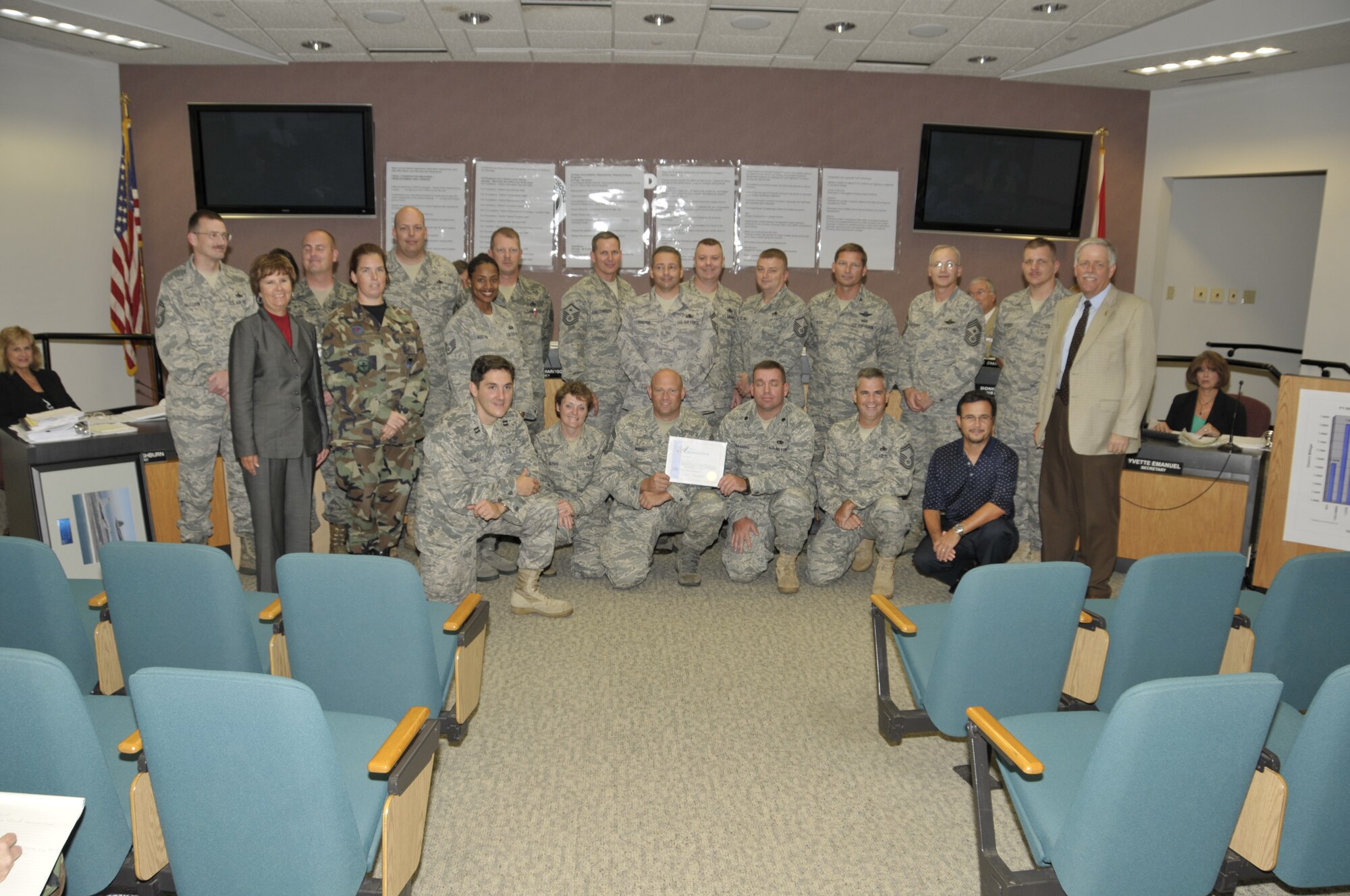 Volunteers and leadership from Tyndall Air Force Base attend a Bay County District School Board meeting to receive recognition for the efforts Team Tyndall put forth in cleaning two local schools Sept. 9.  (U.S. Air Force photo/Lisa Norman)