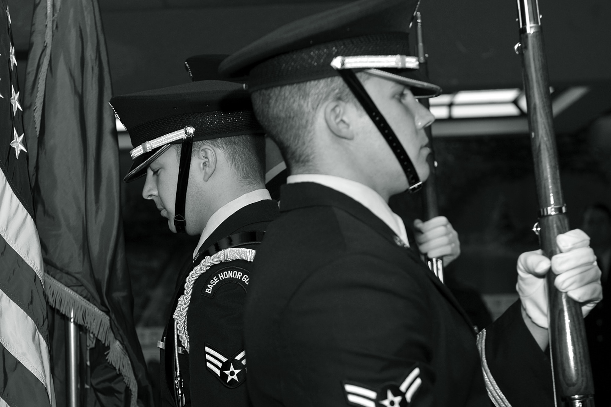 OFFUTT AIR FORCE BASE, Neb., -- Members of the 55th Wing Honor Guard post the colors during Offutt's 62nd Air Force Birthday Observance at the Patriot Club here Sept. 18. Initially part of the United States Army, the U. S. Air Force became a separate branch of the military on September 18, 1947. U.S. Air Force Photo by Charles Haymond 