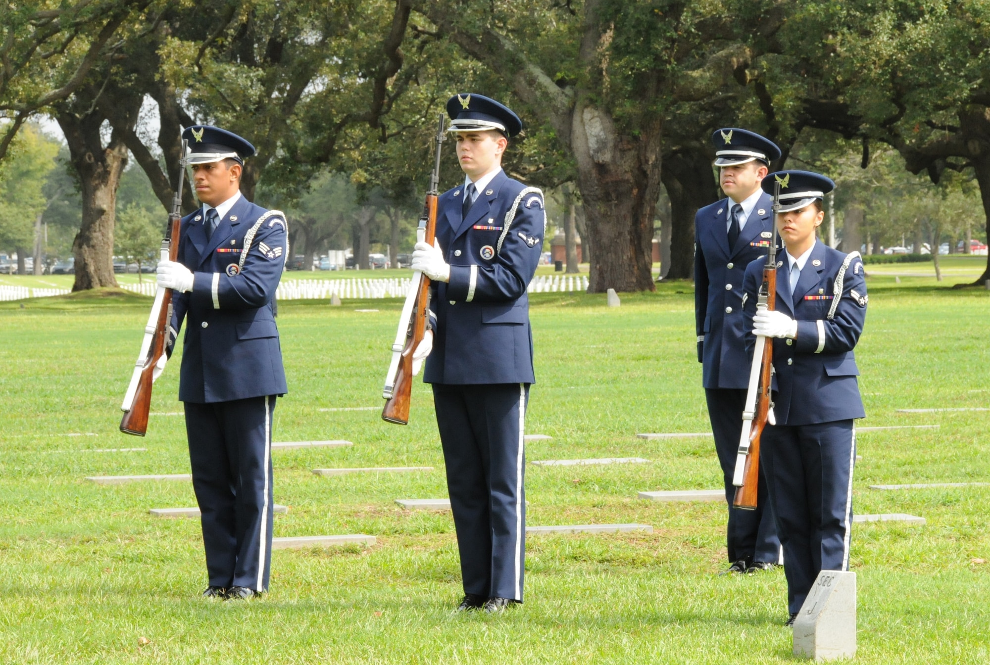 Honor guard members rehearse their roles in military funeral ceremonies at Biloxi National Cemetery.  (U.S. Air Force photo by Senior Airman Kimberly Moore)
