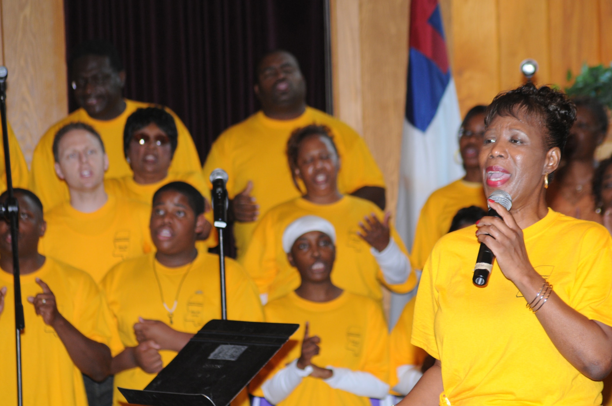 Retiree Valerie Boswell, a member of Keesler's gospel choir, sings at last
year's gospel service anniversary.  This year's celebration is noon Sept. 27
at Triangle Chapel, with fellowship time immediately following the service.  (U.S. Air Force photo by Kemberly Groue)
