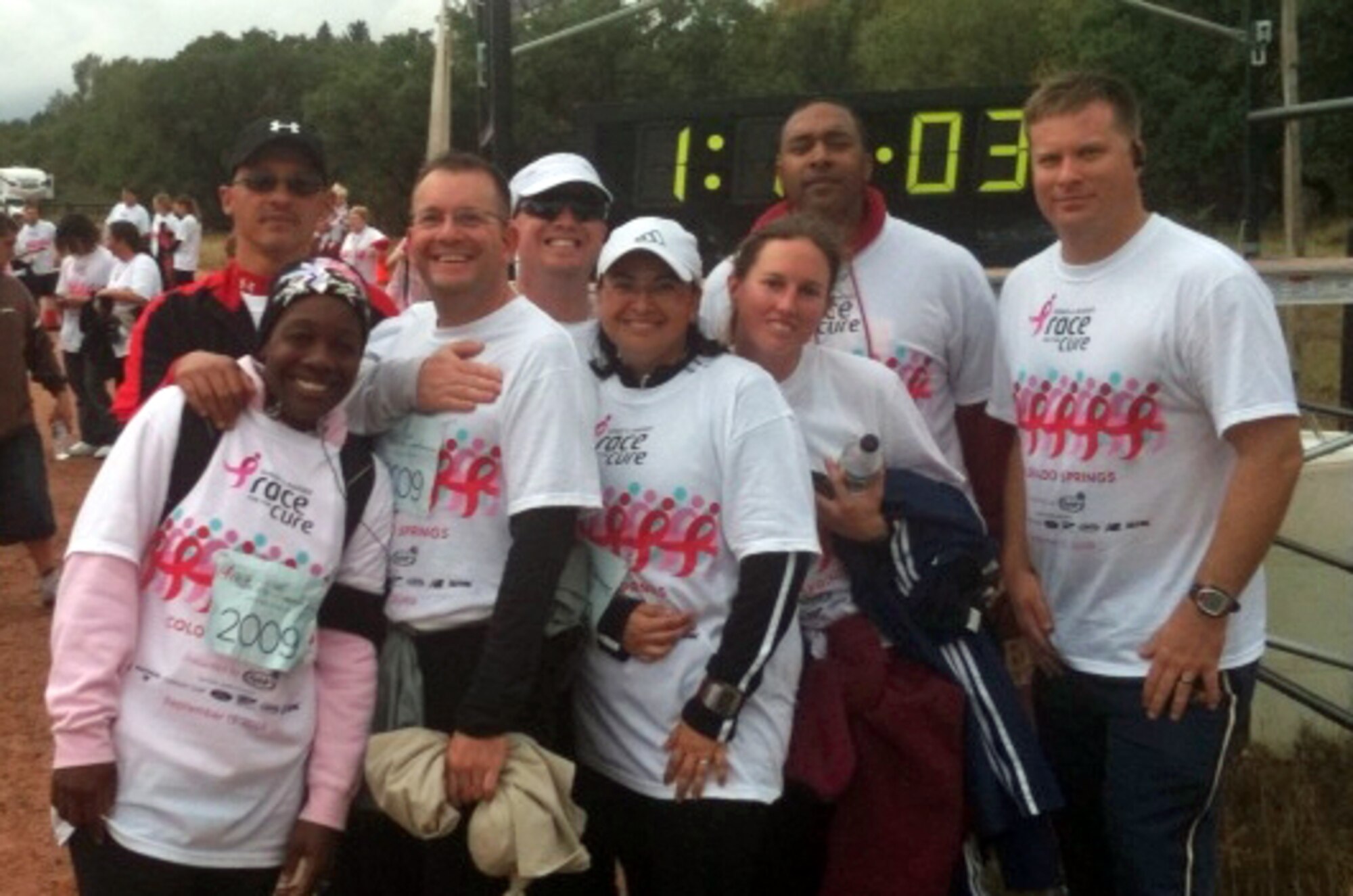 76th Space Control Squadron team members include (from left to right): Master Sgt. Wanda Major-Barnett, Robert Barnett, Tech. Sgt. John Devitt, Senior Master Sgt. David Well, Olga Wells, Staff Sgt. Jill Johnston, Lt. Col. Elvert Gardner, and Tech. Sgt. Christopher Smith.  Along the other teams participating in the event were local military and civilian teams from the the U.S. Air Force Academy, Peterson, Schriever and Fort Carson. (Air Force courtesy photo)  