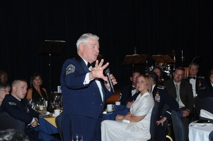 Retired Chief Master Sgt. of the Air Force Robert Gaylor, the 5th CMSAF, speaks to a capacity crowd at the Air Force Personnel Center dining out Sept. 18.  The dining out was held to commemorate the 62nd birthday of the Air Force.  (U.S. Air Force photo/Rich McFadden) 