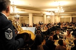 The Air Force Band of the West provides dinner music for the guests at the Air Force Personnel Center dining out Sept. 18.  The dining out was held to commemorate the 62nd birthday of the U.S. Air Force.  (U.S. Air Force photo/Rich McFadden) 