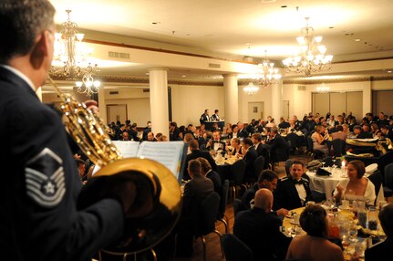 The Air Force Band of the West provides dinner music for the guests at the Air Force Personnel Center dining out Sept. 18.  The dining out was held to commemorate the 62nd birthday of the U.S. Air Force.  (U.S. Air Force photo/Rich McFadden) 