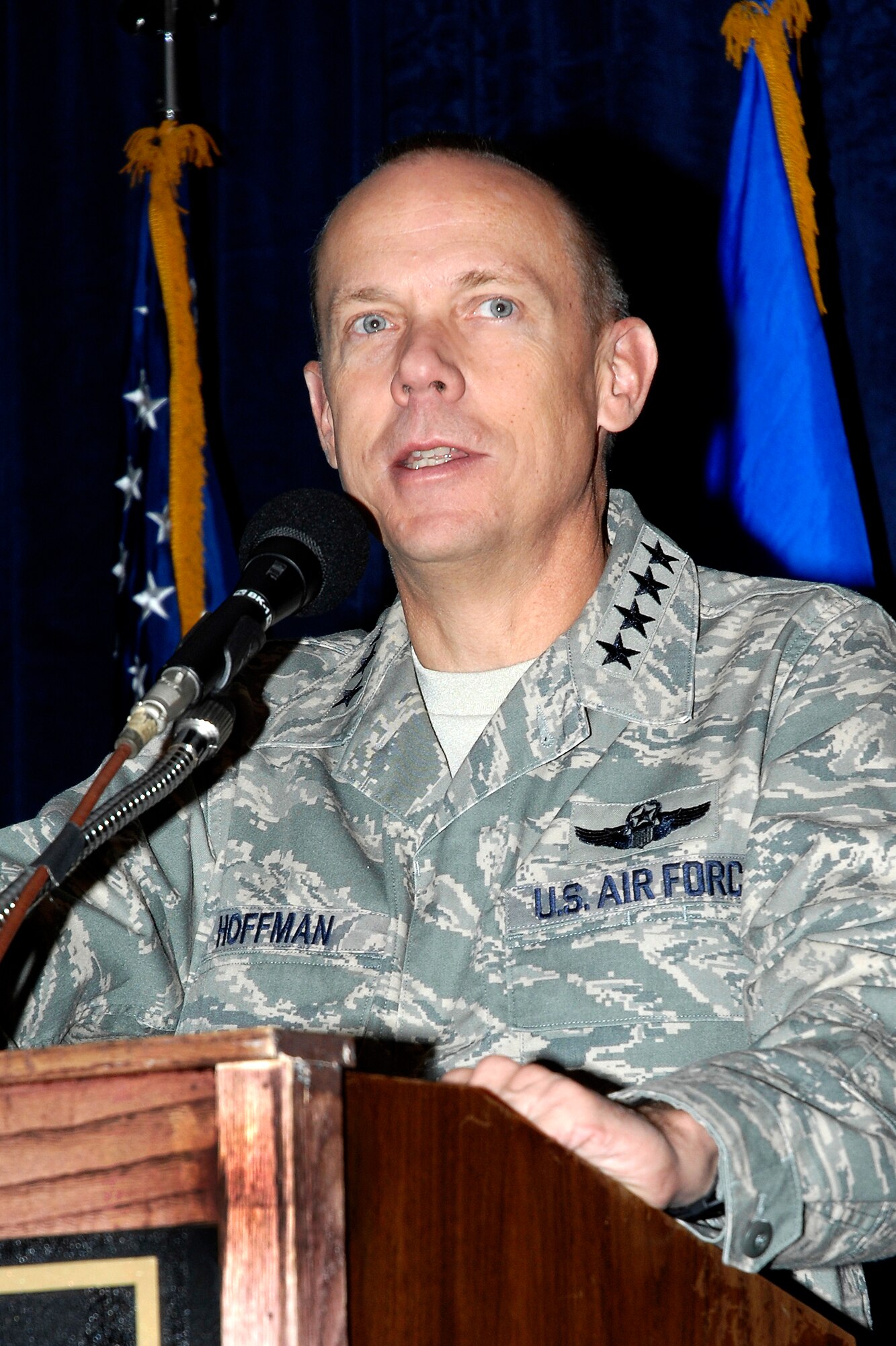 Gen. Donald J. Hoffman addresses Air Force Materiel Command and defense industry leaders at an Air Force Association Technology Symposium Sept. 3, 2009, at Wright-Patterson Air Force Base, Ohio. General Hoffman is the AFMC commander. (U.S. Air Force photo/William Pugh)