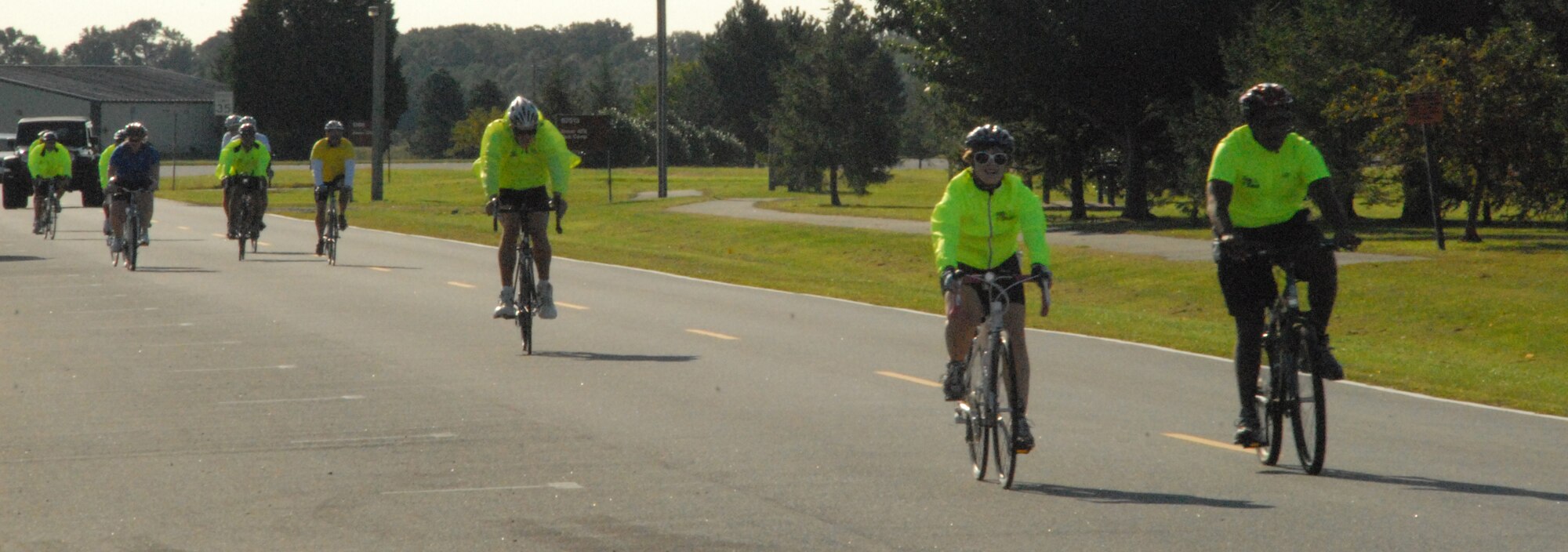 Special Olympic competitors take a practice lap along Perimeter Road before the bicycle race Sept. 19.  More than 30 competitors signed up for the event.  (U.S. Air Force photo/Staff Sgt. Chad Padgett)