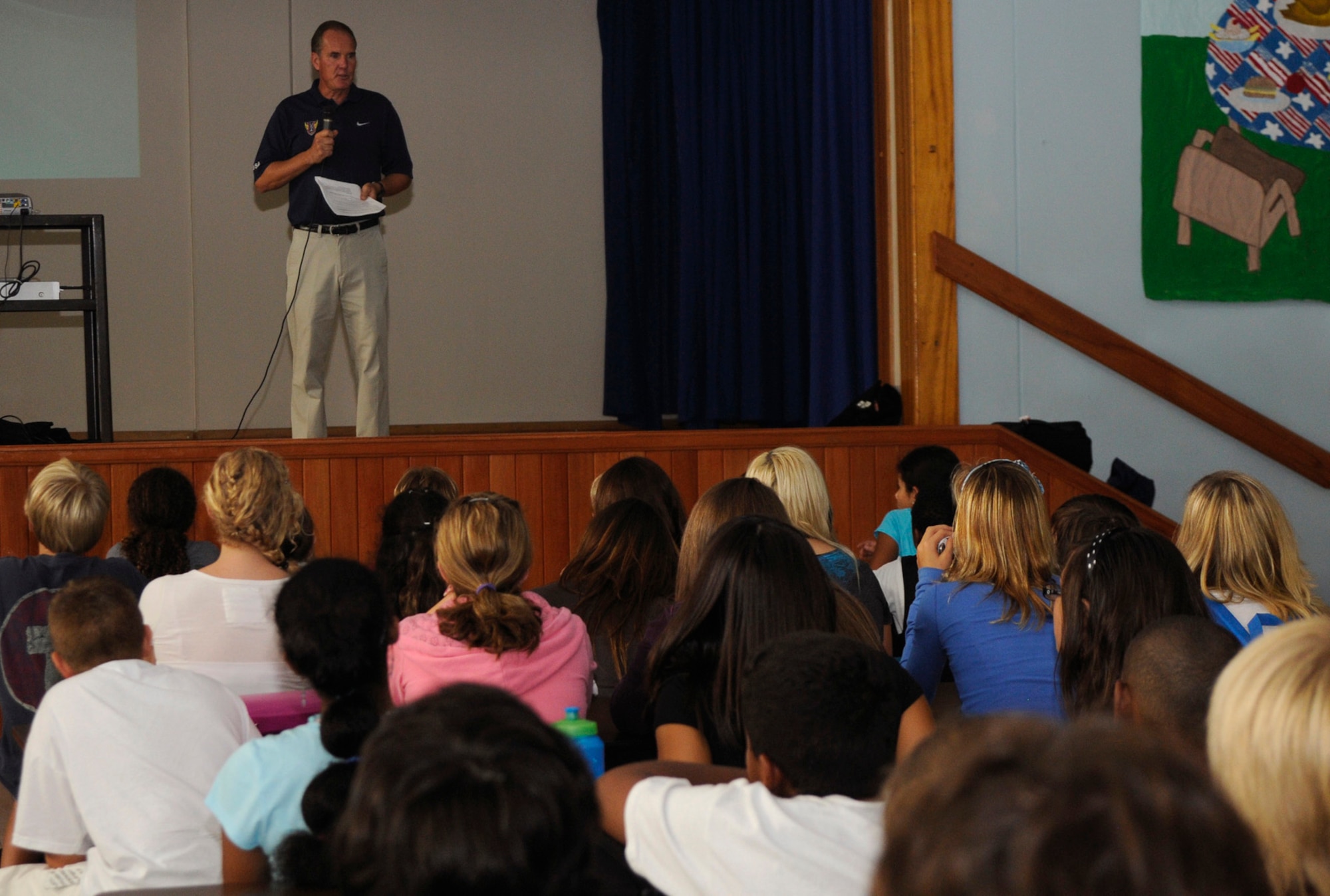 Craig Virgin, an American Olympian, speaks to Incirlik Unit School children about his days as a distance runner in the Olympics Wednesday, Sept. 16, 2009, at Incirlik Air Base, Turkey. Mr. Virgin and Karen Fox, a gymnastics judge for 14 years, came to Incirlik for morale support and to help start off Incirlik’s half-marathon. (U.S. Air Force photo by/Airman 1st Class Amber Ashcraft)