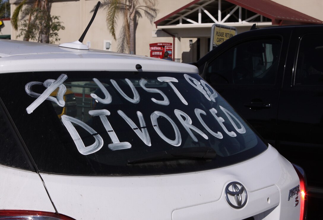 A recently divorced Marine celebrates his freedom with a message on his car. There are many programs available to military couples to help them strengthen their relationships. “Several studies show that people who attend marriage and family classes have lower divorce rates,”::r::::n::said Navy Lt. Edward A. Waldron, deputy director, CREDO, Camp Pendleton.::r::::n::