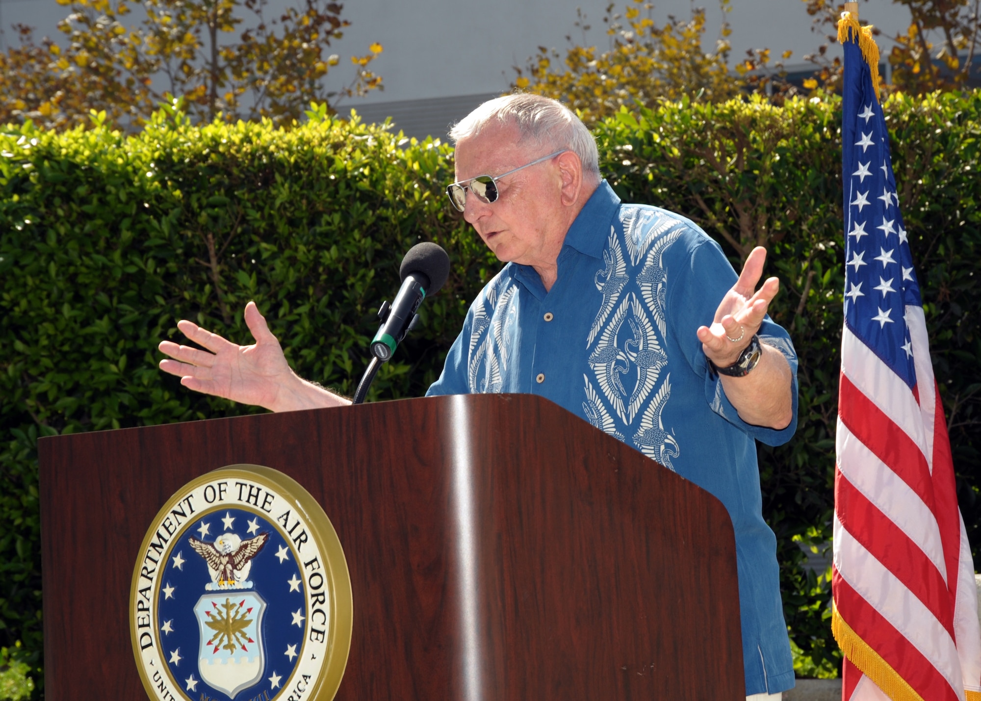 Retired Air Force Col. Kenneth Hughey spoke about his captivity in the “Hanoi Hilton” during the Vietnam War. The retired colonel was the featured speaker at the POW/MIA Day ceremony following the end of the torch relay, Sept. 18. (Photo by Lou Hernandez)