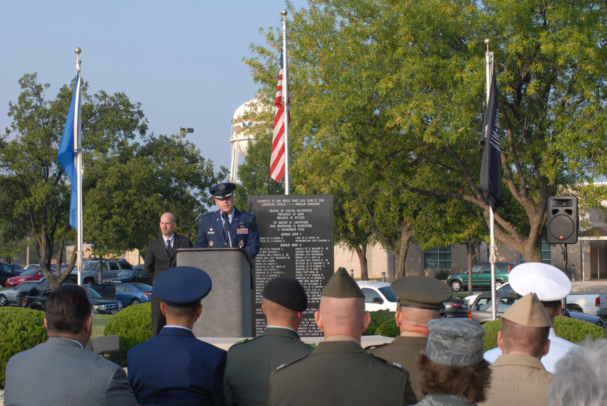 GOODFELLOW AIR FORCE BASE, Texas -- Col. Thomas Geary, 17th Training Wing commander, speaks during the Prisoner of War/Missing in Action ceremony, Sept. 18, 2009. Base personnel stood a 24-hour vigil honoring POWs and MIAs. (U.S. Air Force photo/Staff Sgt. Laura R. McFarlane)
