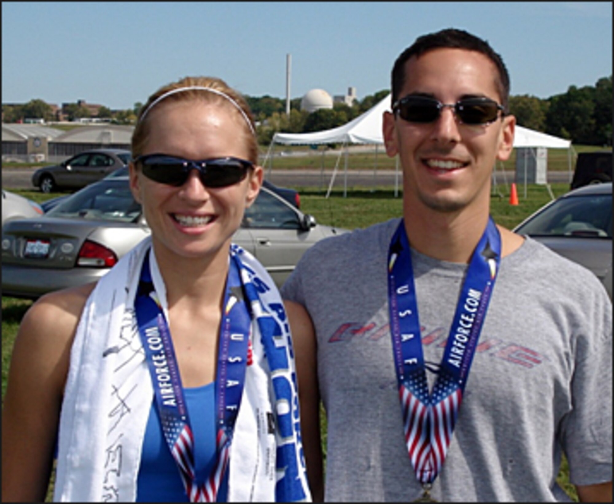 Capts. Tara Erlandson, left, and Anthony Cannone, both instructor pilots with the 32nd Flying Training Squadron at Vance AFB, Okla., completed the U.S. Air Force half-marathon Sept. 19 at Wright-Patterson Air Force Base, Ohio. (Contributed photo)