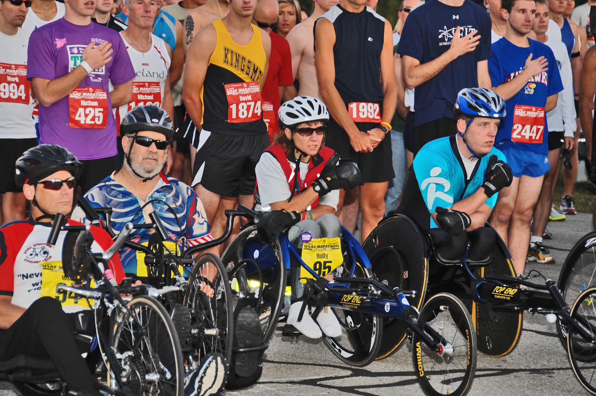 Wheel racers and runners line up at the starting line during opening ceremonies for the U.S. Air Force Marathon Sept. 19 at Wright-Patterson Air Force Base, Ohio. A record 9,969 runners participated in events which included 5K and 10K races, a half marathon and full marathon. (Air Force photo/Ben Strasser)