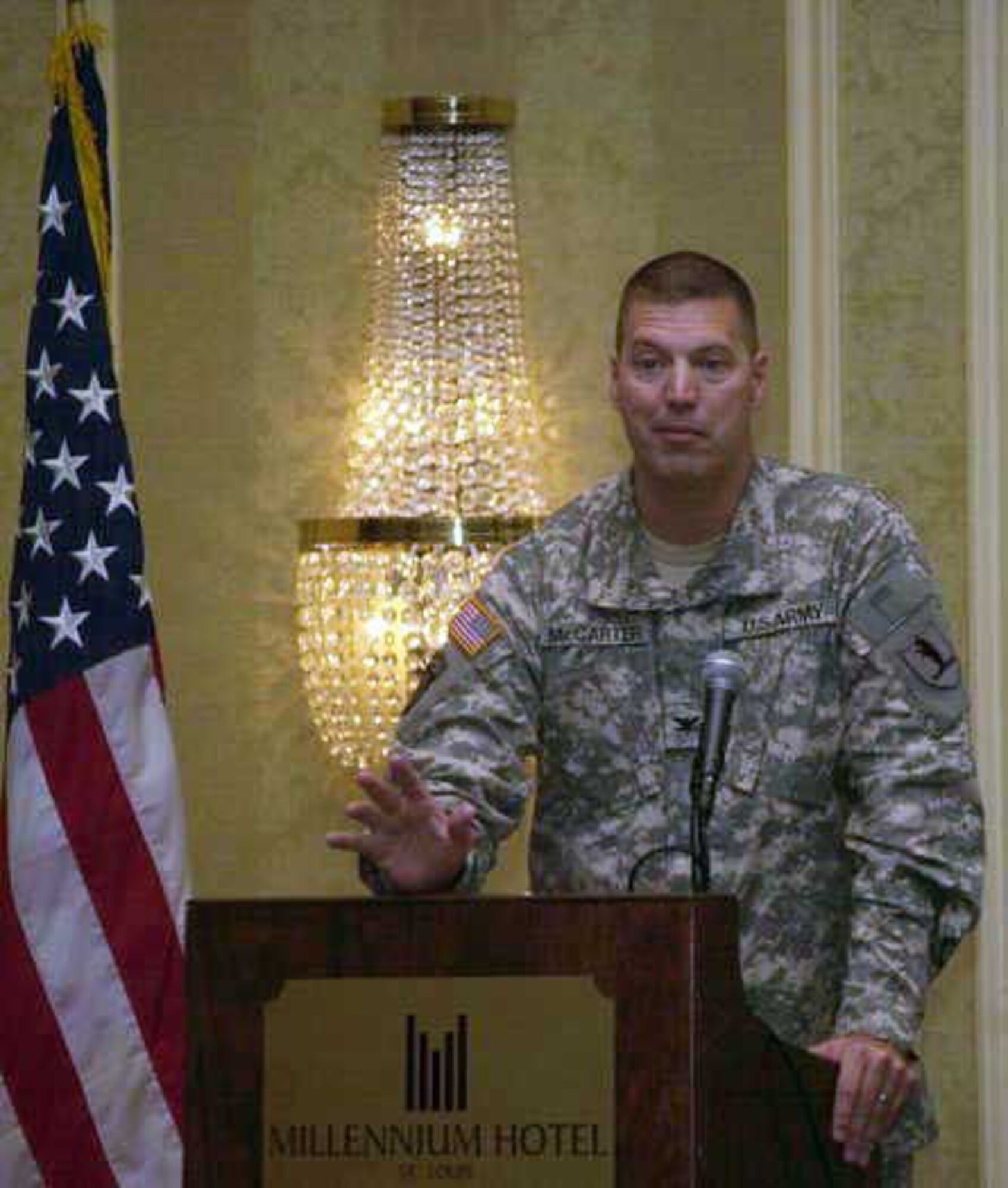 Col. Mark A McCarter, Mo National Guard head of strategic plans, policy, joint training and exercises, addresses the conference. McCarter pointed out that a response capability gap in one state could be filled by National Guard troops from another state. (Photo by Bill Phelan)