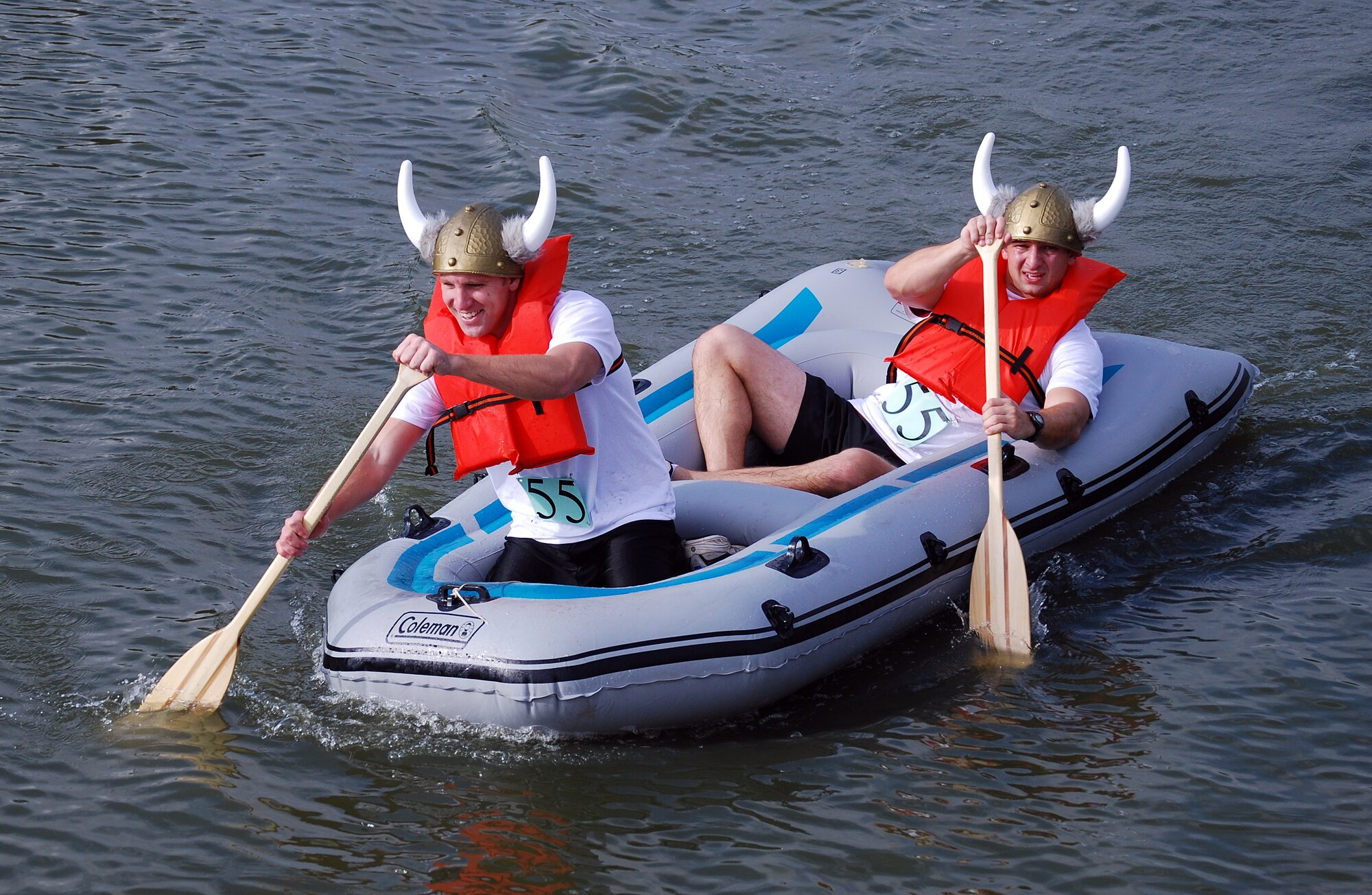 Two members of the “Team Awesome” relay team paddle across the lake at Meadowlake Park in Enid, Okla., during the 2009 Adventure Race held Sept. 19 at Vance AFB, Okla. Team Awesome finished fourth in the relay team category. (Contributed photo)
