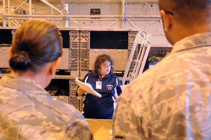 Kazia Hillary, Logistics Readiness Division, briefs personnel during mobility proccessing, prior to their upcomming deployment.  (U.S. Air Force photo by Rich McFadden)