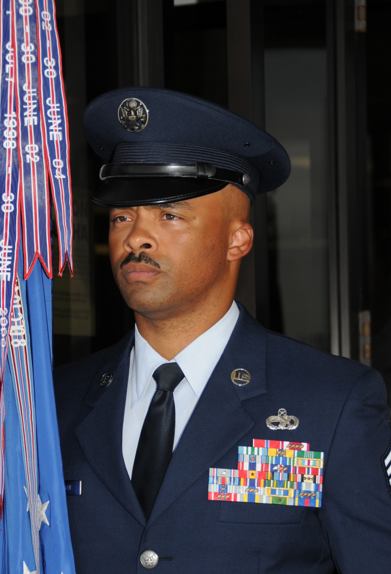 Chief Jordan carried the 2nd Air Force’s guidon at the change of command ceremony Sept. 9.  (U.S. Air Force photo by Kemberly Groue)