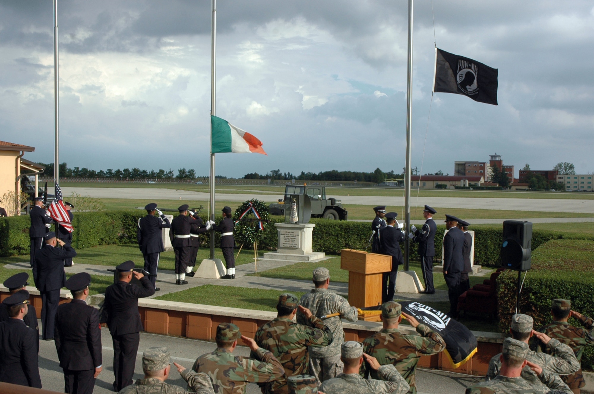 U.S. and Italian Air Forces take part in a joint POW/MIA retreat ceremony Sept. 18, 2009 outside the ITAF Headquarter Building at Aviano Air Base, Italy.  (U.S. Air Force photo/Staff Sgt. Mercedes Crossland)