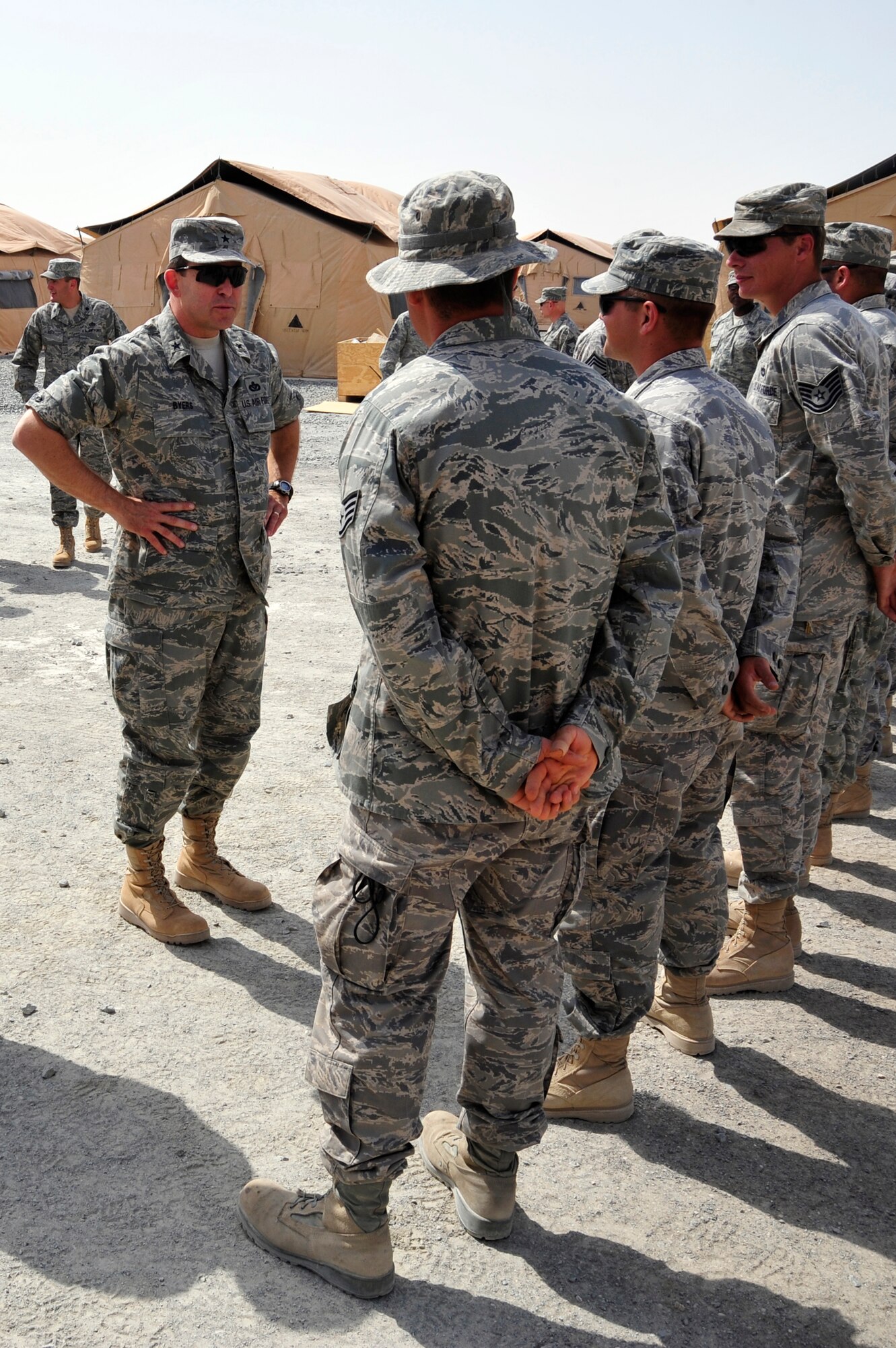 SOUTHWEST ASIA - Maj. Gen (Select) Timothy Byers addresses members of the 380th Expeditionary Civil Engineer Squadron here Sept. 20, 2009. General Byers is the Air Force Engineer and is stationed at the Air Force Headquarters, Washington D.C. (U.S. Air Force photo/Tech. Sgt. Charles Larkin Sr)