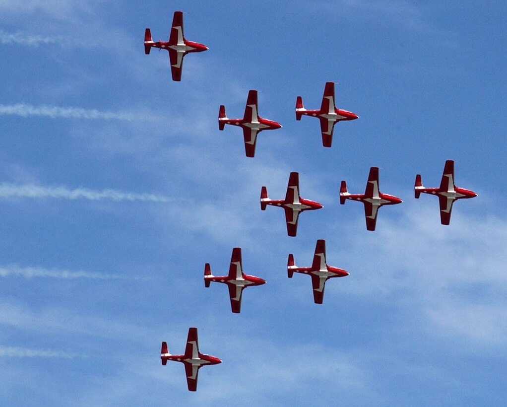 The Canadian Forces Snowbirds Demonstration Team flies in their Palm Formation. The Snowbirds will perform at the 2009 Sheppard Air Force Base Open House and Air Show Oct. 10 and 11. The Snowbirds’ show is the result of six months of intensive preparation and training and consists of more than 50 different formations and maneuvers. (Canadian Air Force photo) 
