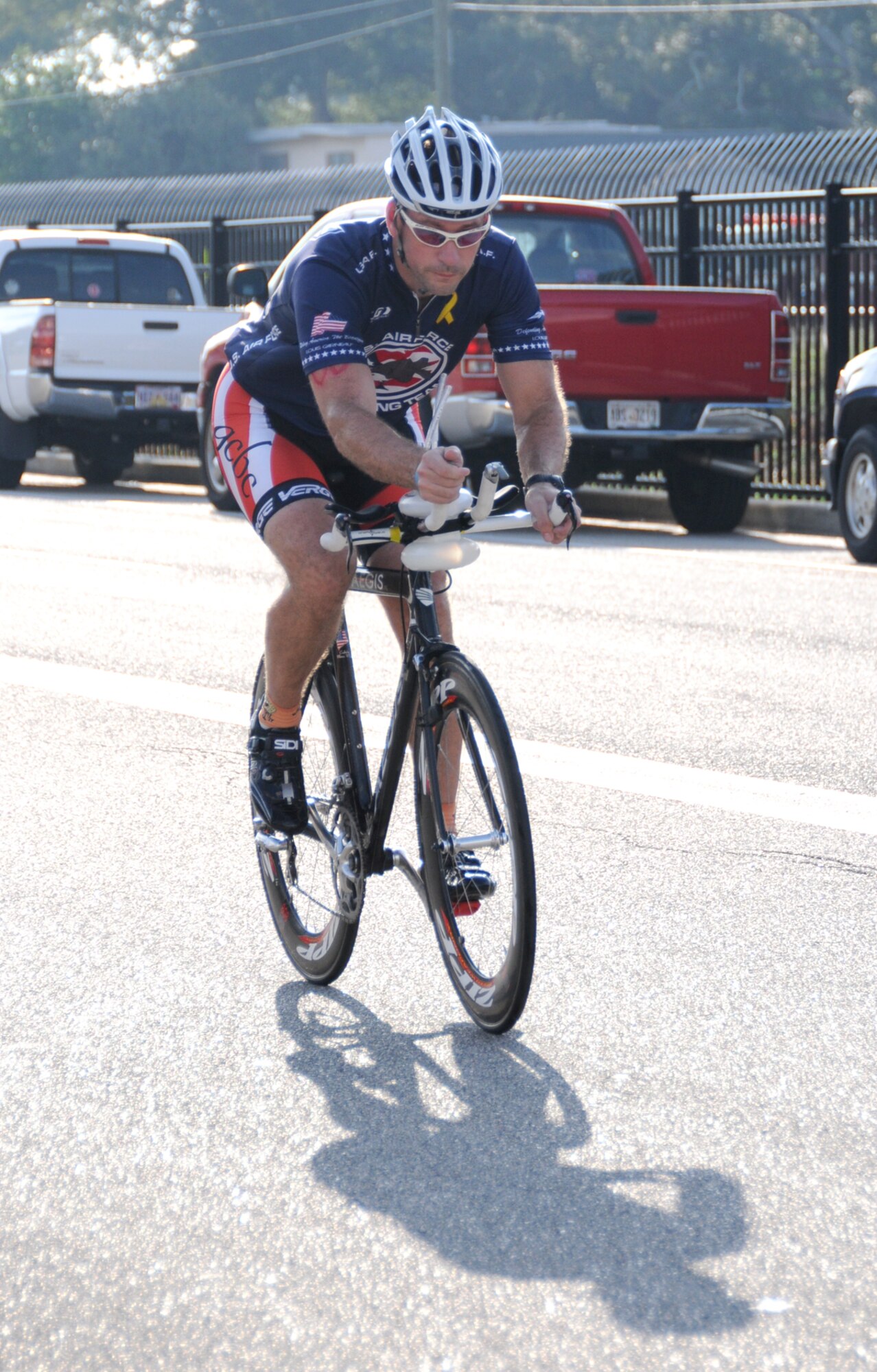 David Hunt, 81st Aerospace Medicine Squadron, begins the 8-mile bicycle race in Saturday’s mini-triathlon.  (U.S. Air Force photo by Kemberly Groue)
