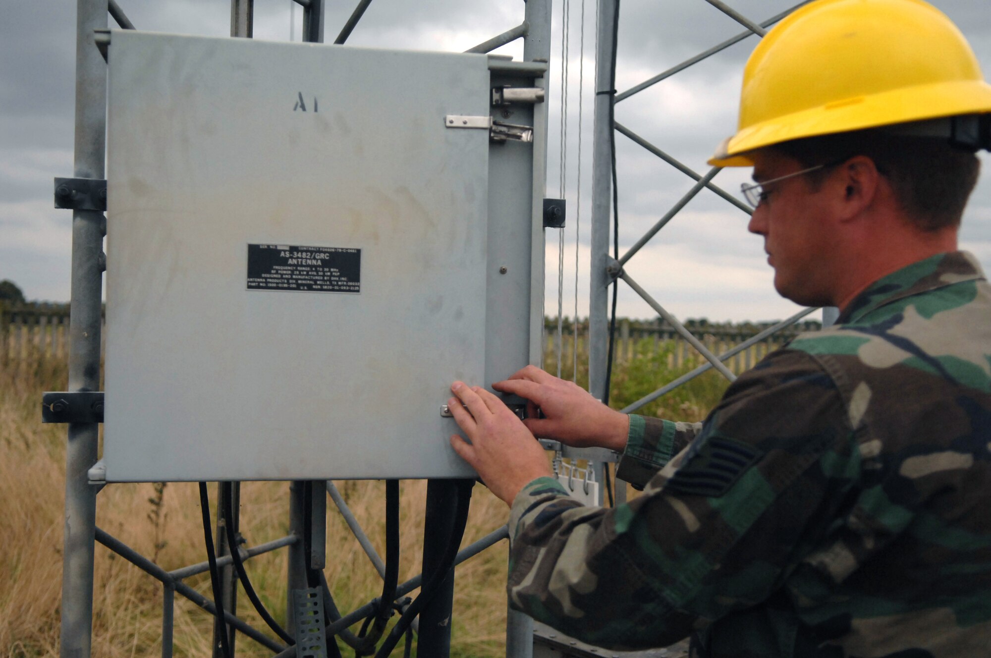 Tech. Sgt. Scott Dunbar accesses the control panel to a radio tower Sept. 18, 2009, at Royal Air Force Barford, England. Sergeant Dunbar is a member of the 1st Communications Maintenance Squadron cable and antenna theater maintenance team. (U.S. Air Force photo/Tech. Sgt. Michael Voss) 