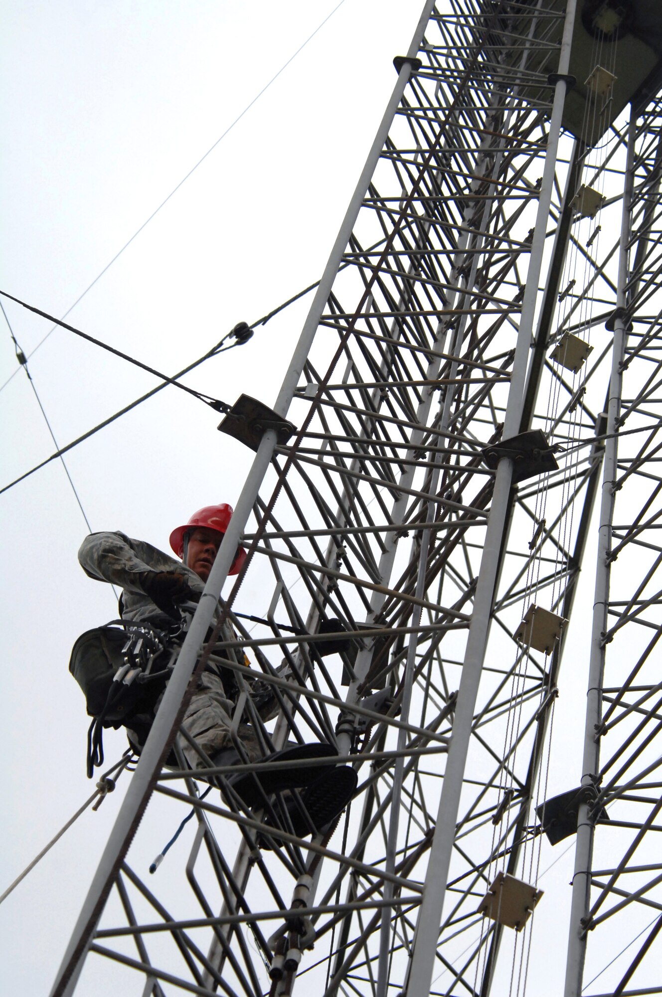 Tech. Sgt. Tim Daniel performs a preventative maintenance inspection of a radio tower Sept. 18, 2009, at Royal Air Force Barford, England. Sergeant Daniel is a member of the 1st Communications Maintenance Squadron cable and antenna theater maintenance team from Kapaun Air Station, Germany. (U.S. Air Force photo/Tech. Sgt. Michael Voss) 