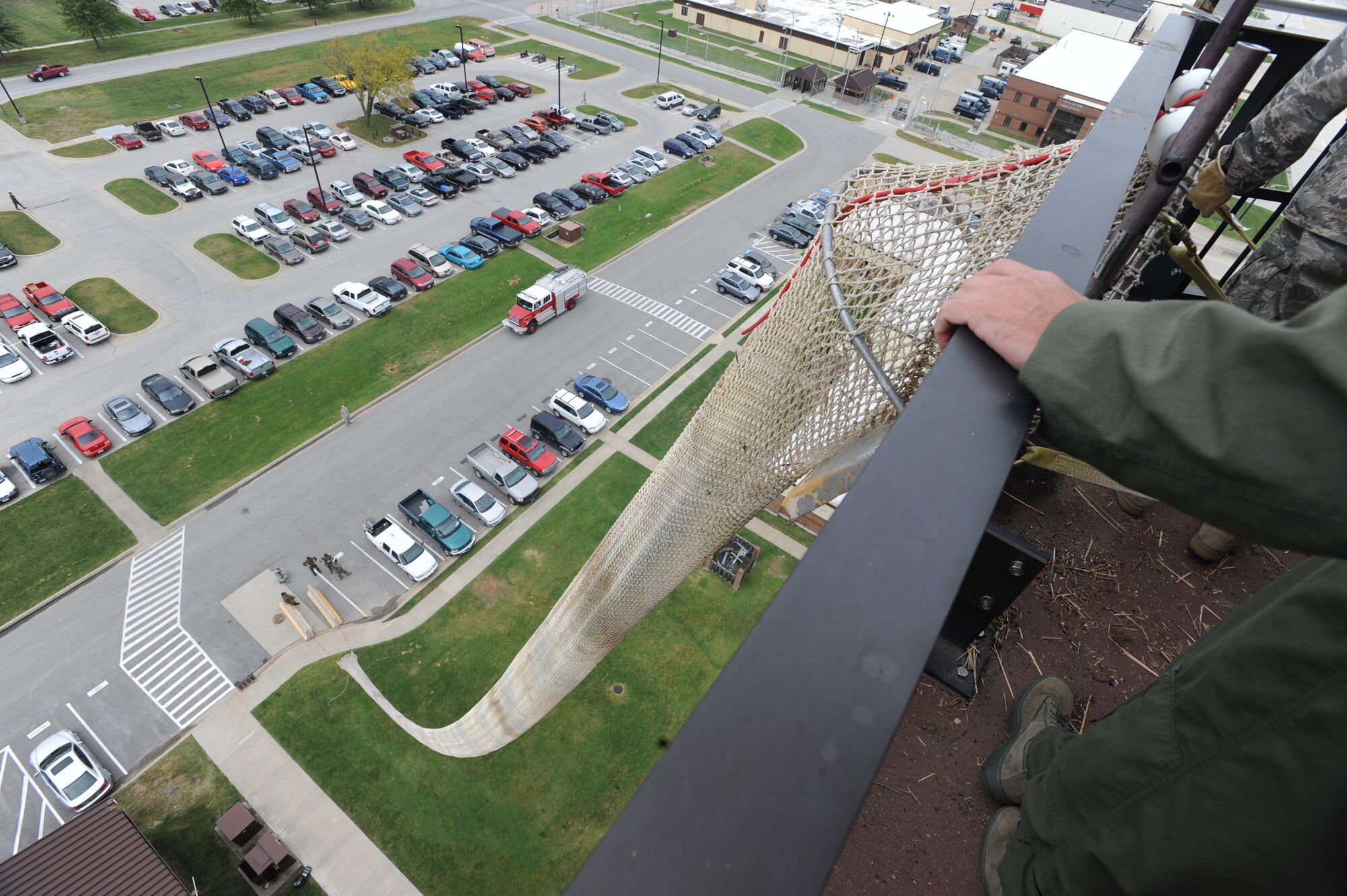 WHITEMAN AIR FORCE BASE, Mo. -The rescue slide deployed from the Air Traffic Control Tower at Whiteman Air Force Base, Sept. 22. The slide at full length extends to 133 feet, and can be deployed at around a minute. This was part of an annual training for the tower personnel.( U.S. Air Force photo/Airman 1st Carlin Leslie)
