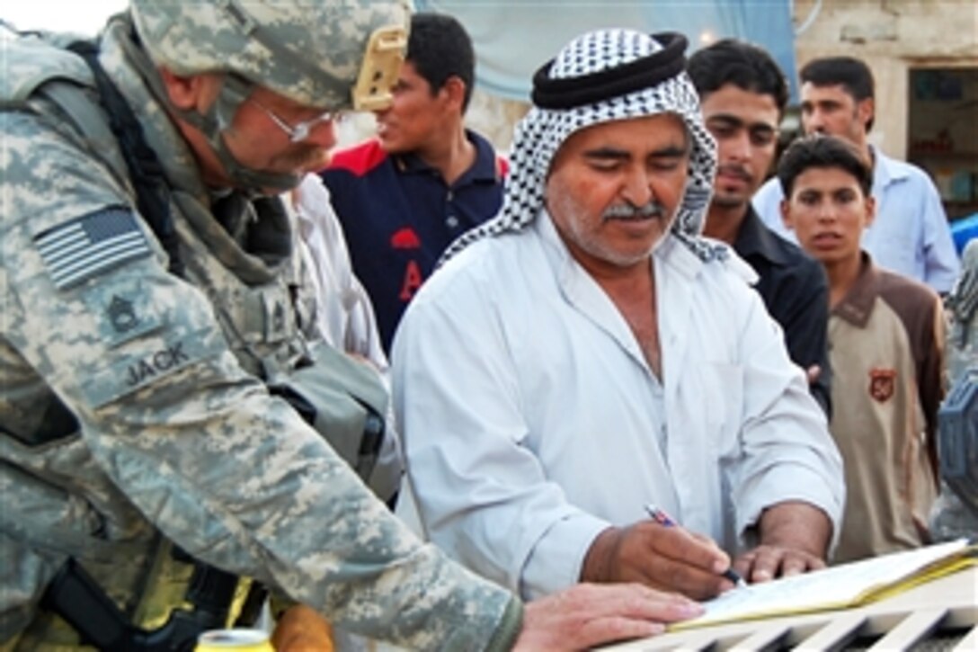 U.S. Army Sgt. 1st Class Daniel Jack watches Majid Aubied Sahail al Azouy, right, a hardware store owner, sign a micro-grant receipt in Baghdad, Sept 21, 2009. Al Azouy plans to provide more electrical supplies to villagers. Jack is assigned to Troop A, 150th Armored Reconnaissance Squadron, 30th Heavy Brigade Combat Team. His unit issued nine grants in one day to help stimulate the local economy.