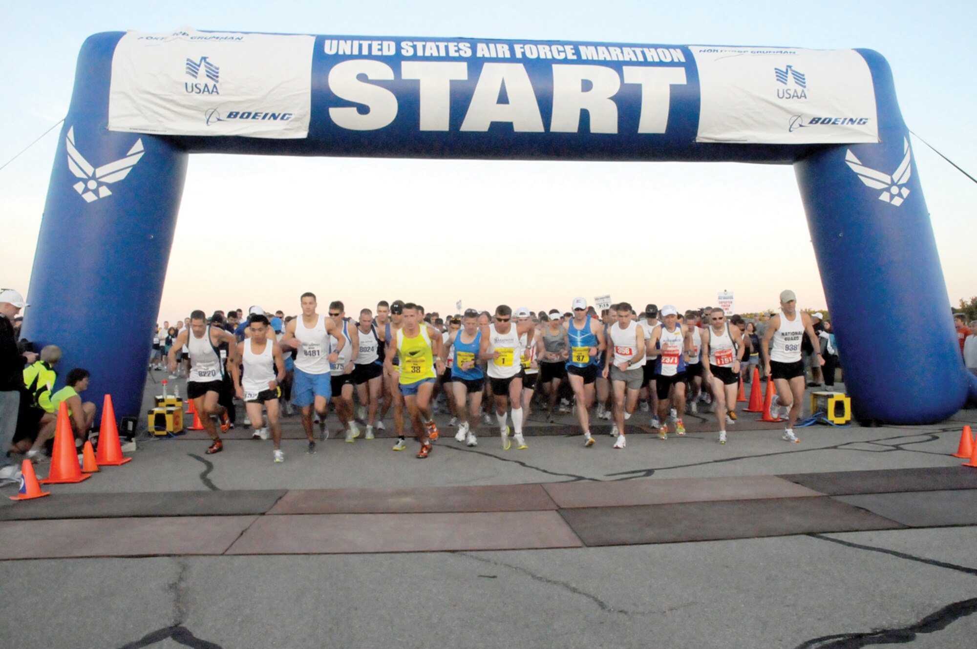 Marathon runners launch from the starting line of the 2009 Air Force Marathon Saturday at Wright-Patterson Air Force Base, Ohio. Nearly 10,000 runners participated in this year’s event. (Courtesy photo)