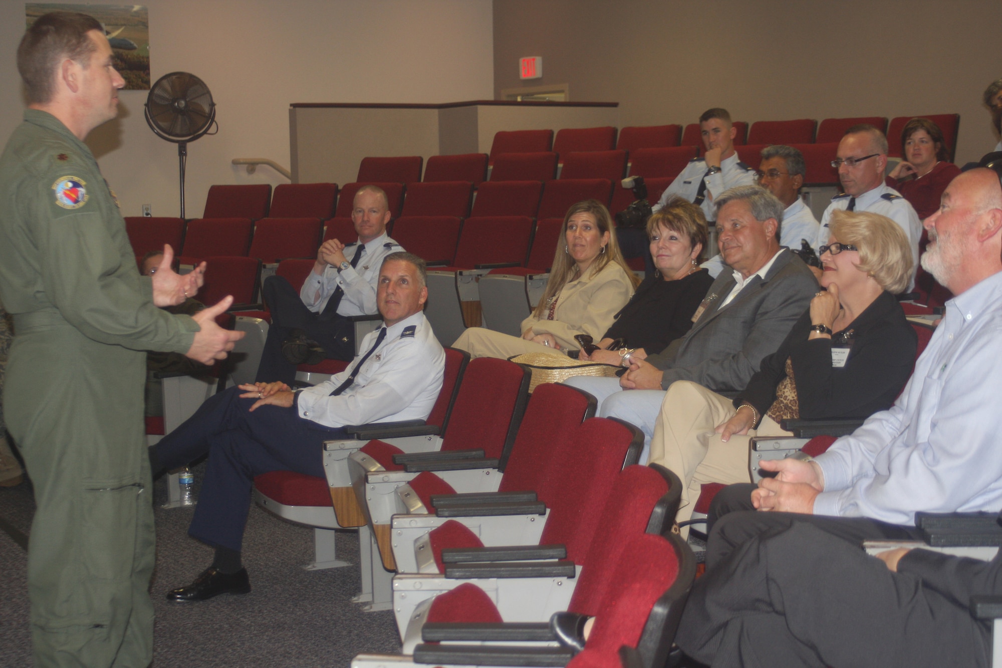 WRIGHT-PATTERSON AIR FORCE BASE, Ohio – Maj. Todd Mulhorn, 445th Aeromedical Evacuation Squadron, explains the mission of the 445th AES to 23 civic leaders from the local area of Scott Air Force Base, Ill., and their military escorts from the 375th Airlift Wing and 932nd Airlift Wing.  The group spent the day touring the 445th Airlift Wing and the National Museum of the United States Air Force Sept. 23. Col. Roger Gallet, 445th Operations Group commander and Col. Brad Spacy, 88th Air Base Wing commander, welcomed the group and provided wing mission briefings. (U. S. Air Force photo/Stacy Vaughn)