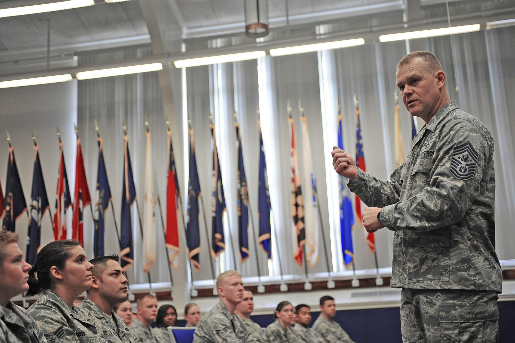 Chief Master Sgt. of the Air Force James A. Roy speaks to Airman
Leadership School students about the importance of being a good leader and
mentor Sept. 22, 2009, at Hurlburt Field, Fla. (U.S. Air Force photo/Senior Airman Julianne Showalter)