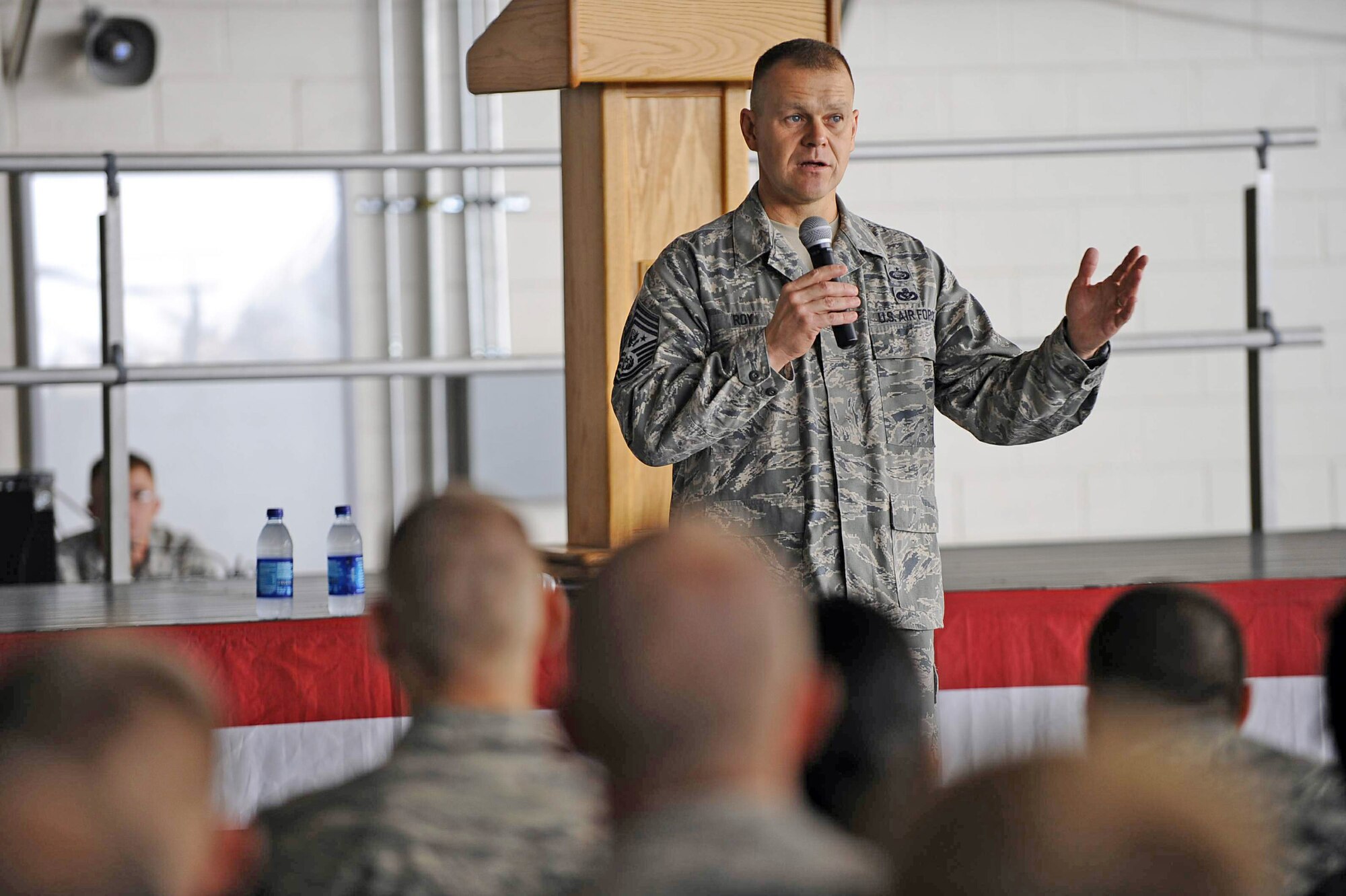 Chief Master Sgt. of the Air Force James A. Roy speaks to Airman
Leadership School students about the importance of being a good leader and
mentor Sept. 22, 2009, at Hurlburt Field, Fla. (U.S. Air Force photo/Senior Airman Julianne Showalter)
