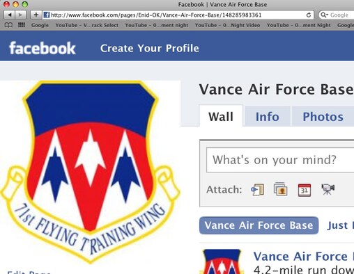 Facebook users may become fans of Vance AFB's Facebook page. (U.S. Air Force graphic)