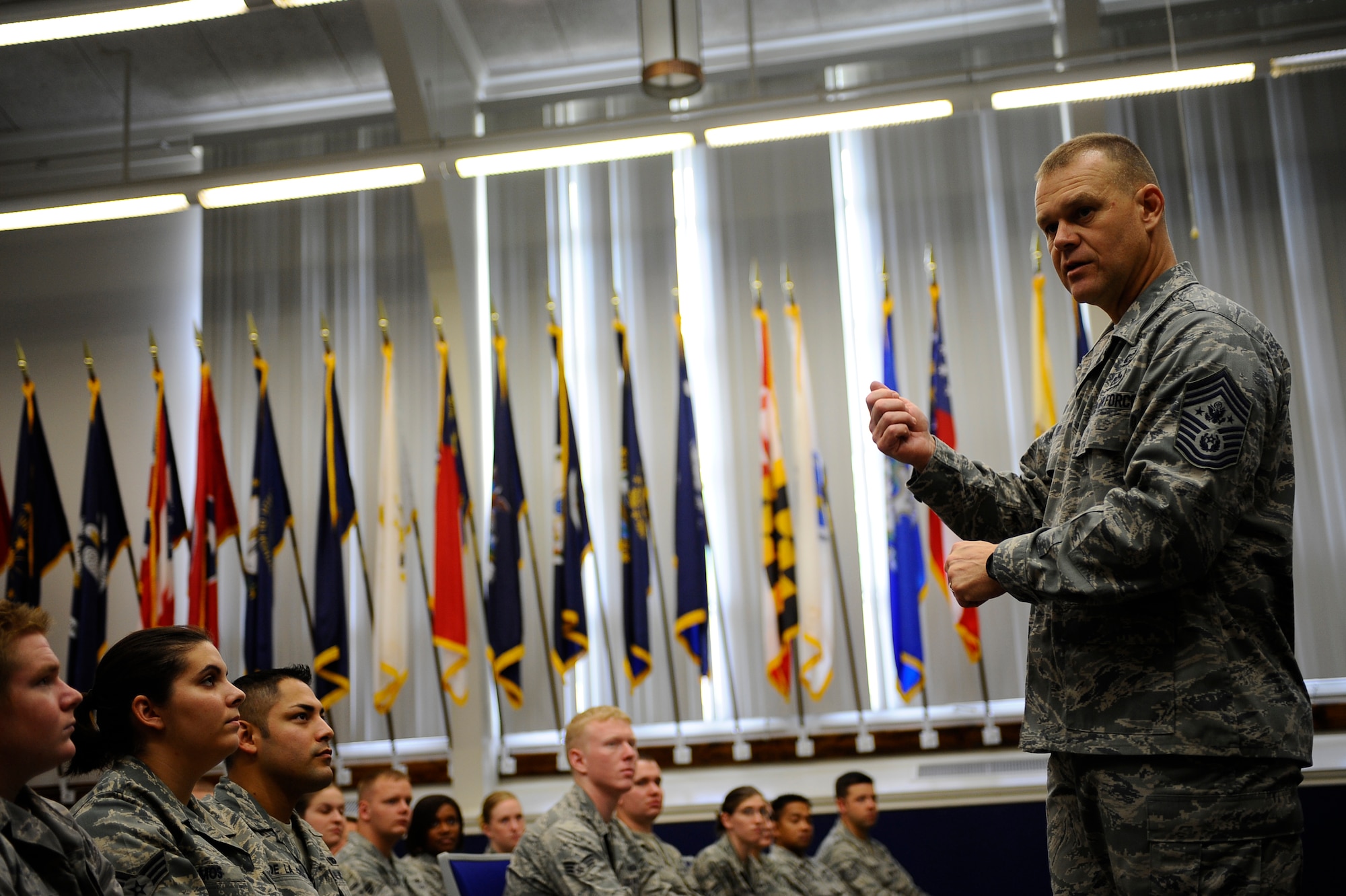 Chief Master Sergeant of the Air Force James A. Roy speaks to Airman Leadership School students about the importance of being a good leader and mentor Sept. 22, 2009, at Hurlburt Field, Fla. (U.S. Air Force photo by Senior Airman Julianne Showalter/Released) 