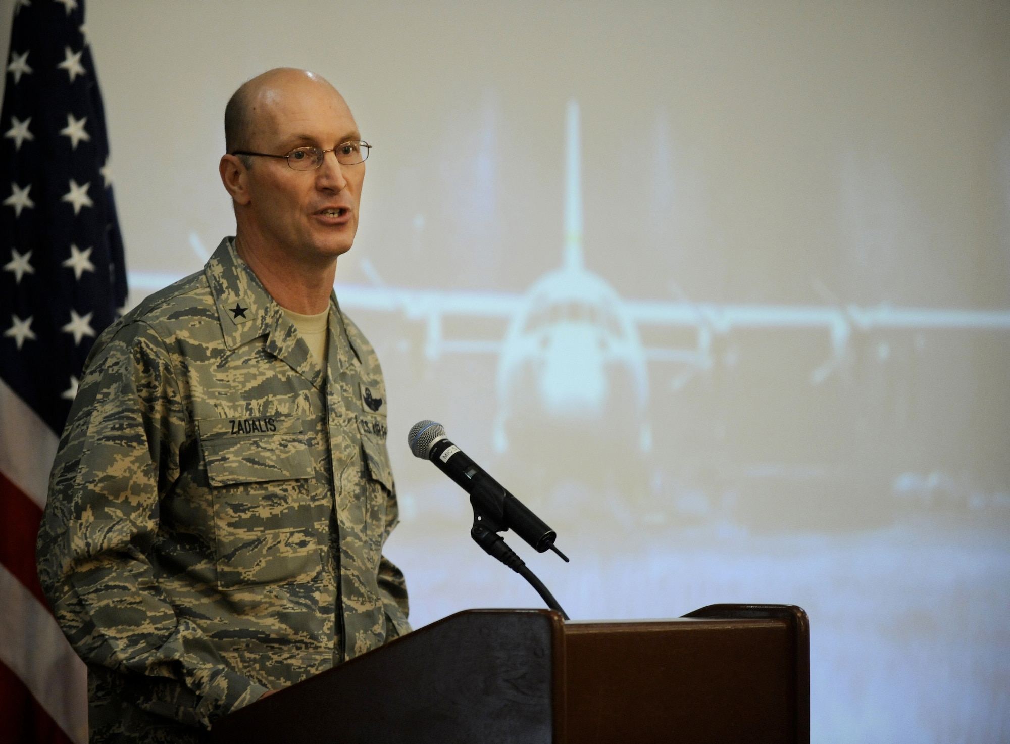 Brig. Gen. Tim Zadalis, 21st Expeditionary Mobility Task Force Commander, is the guest speaker at the Air Force birthday luncheon Sept. 18. The general spoke about the many changes that have occurred to McGuire over the past years, particularly the development of Joint Base McGuire-Dix-Lakehurst. (U.S. Air Force photo/Carlos Cintron)