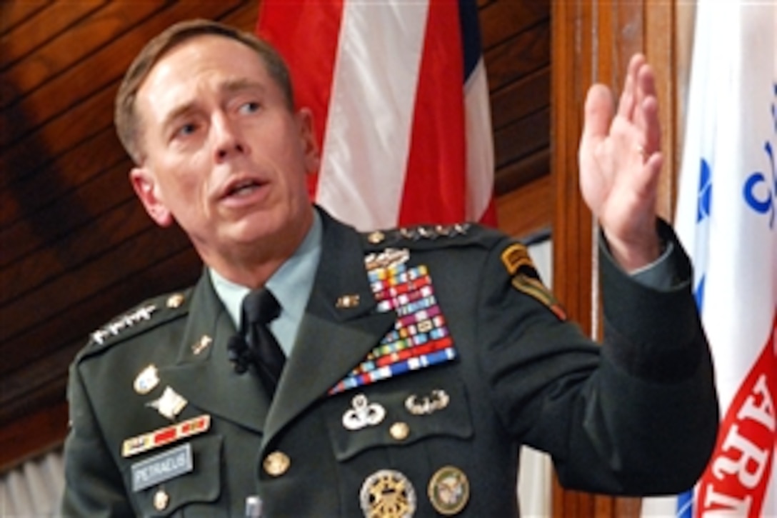 U.S. Army Gen. David H. Petraeus, commander of U.S. Central Command, explains his leadership strategy during a leadership and counterinsurgency symposium at the National Press Club in Washington D.C., Sept. 23, 2009.