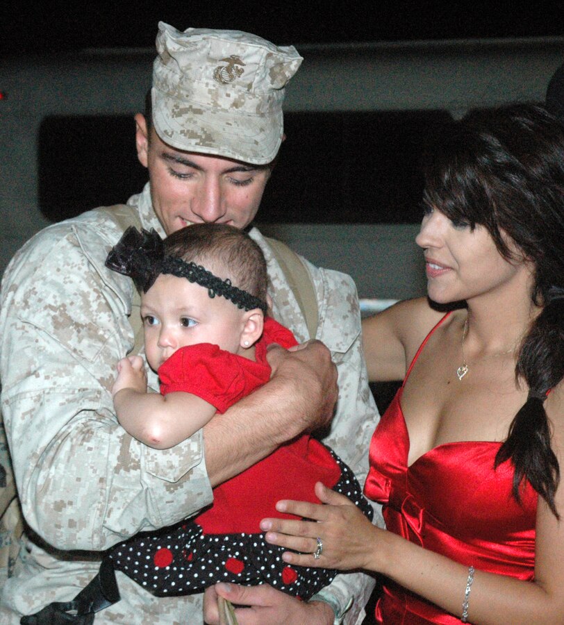 Cpl. Andrew Smith, Marine Wing Support Squadron 371 field military policeman, reunites with his wife, Priscilla, and daughter, Angelian, at the Marine Corps Air Station in Yuma, Ariz., Sept. 24, 2009, after a seven-month deployment to Afghanistan. “It feels great to be back,” said Smith. “When I saw my wife and daughter, I was extremely happy.” While on deployment MWSS-371 constructed a helicopter parking expansion at Camp Bastion, Afghanistan. The historic expanse was the largest aluminum matting construction ever in a combat zone, using more than 2.2 million square feet of matting. “We helped train the Afghan police so they aren’t as dependent on the Marines for protection,” said Smith.