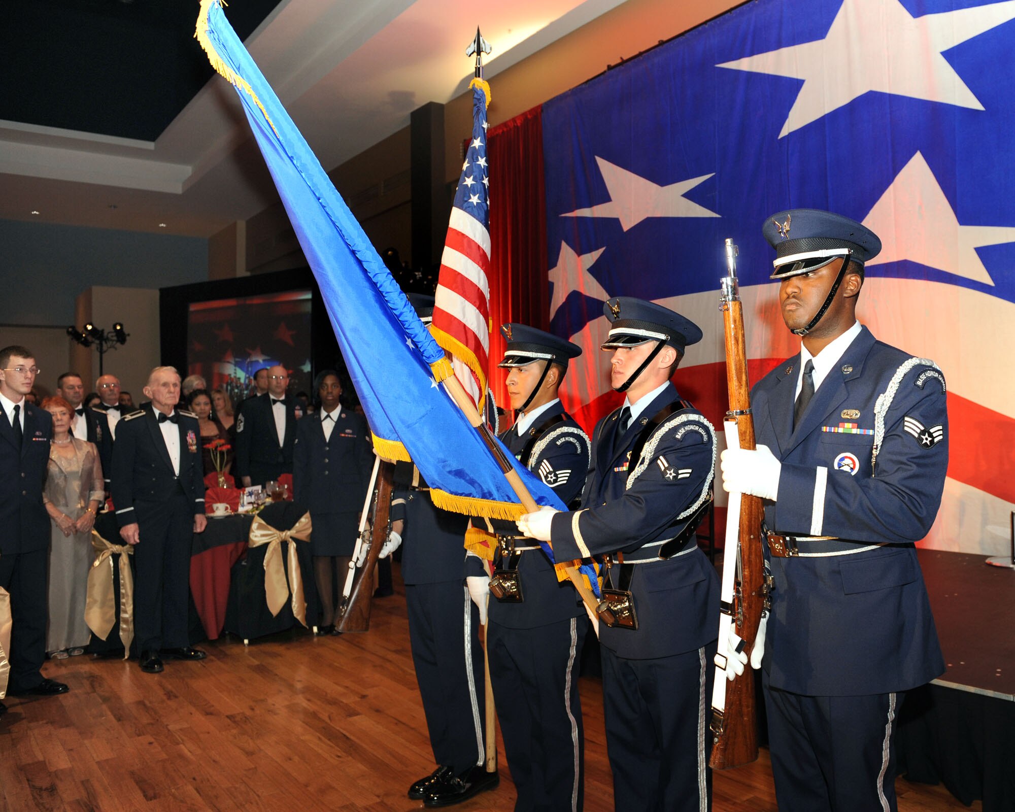 Davis-Monthan Honor Guard members present the colors during the opening of the Air Force’s 62nd birthday celebration held at the University of Arizona Grand Ballroom Sept. 19. During the annual celebration, many people from the Desert Lightning community gathered to celebrate the Air Force and the men and women of D-M. (U.S. Air Force Photo/Staff Sgt. Valerie Smith)