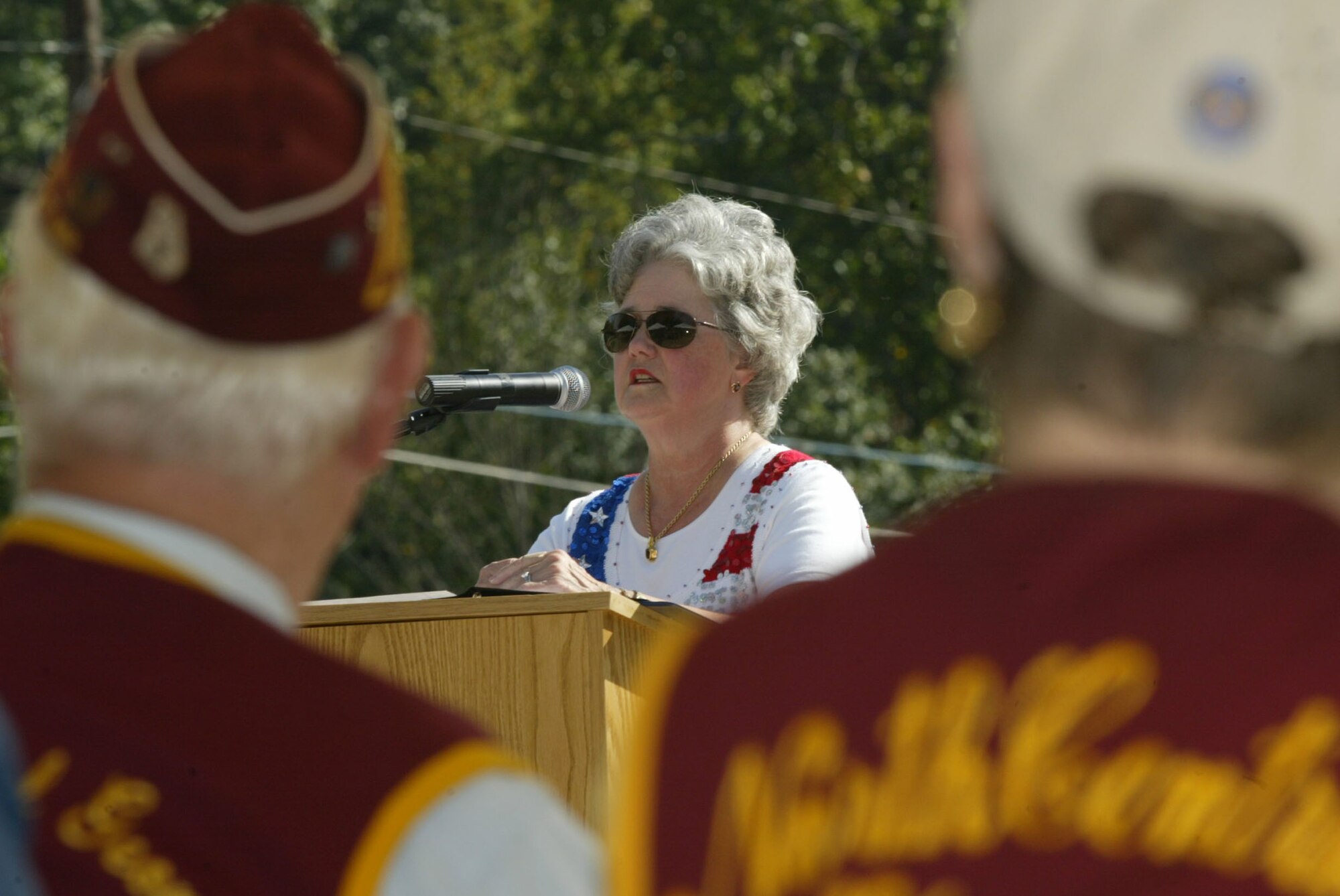 Mrs. Jo Anne Shirley, vice chair, Board of Directors, National League of POW/MIA Families serves as guest speaker at the Dobbins 25th Annual Living Memorial Ceremony Sept. 25.  Shirley’s brother, Maj. Bobby Jones, flight surgeon and Vietnam Veteran has been missing in action since Nov. 28, 1972. (U.S. Air Force photo/Don Peek)