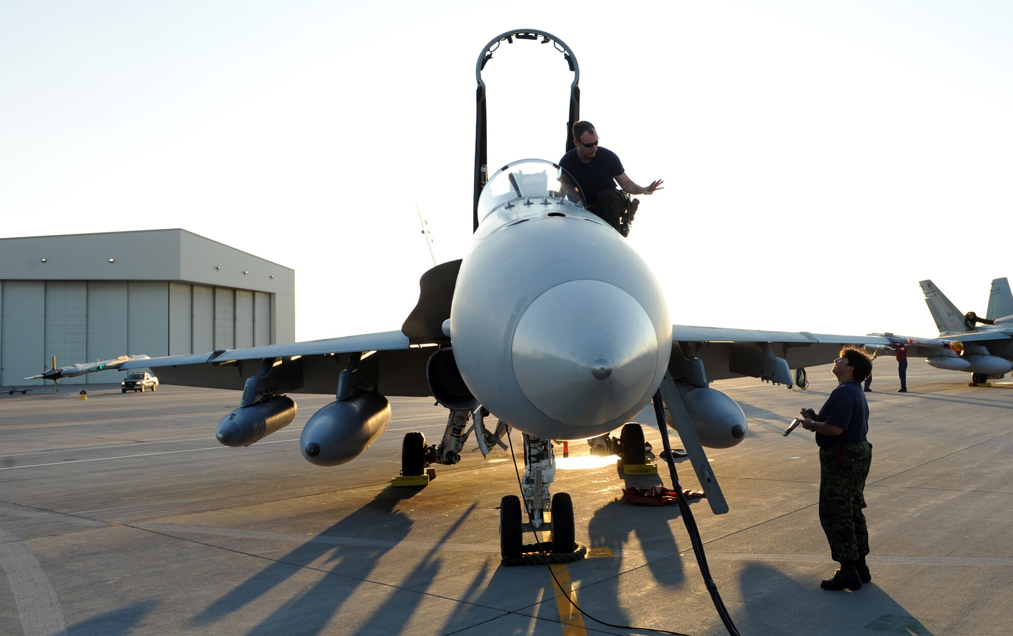 Members of the Canadian air force stationed with the 409th Tactical Fighter Squadron at Cold Lake, Alberta, Canada, check the electronic systems in a CF-18 Hornet as part of a pre-flight inspection Sept. 25, 2009, during Gunfighter Flag.  The 409th's Hornets participated as friendly ?blue air forces" during the exercise.  Gunfighter Flag, which ran from Sept. 14 through 24, was Mountain Home?s first large-scale, multi-national exercise which brought more than 450 personnel from the U.S. Air Force, U.S. Navy and Canadian air force to the base.  (U.S. Air Force photo/Airman 1st Class Debbie Lockhart)