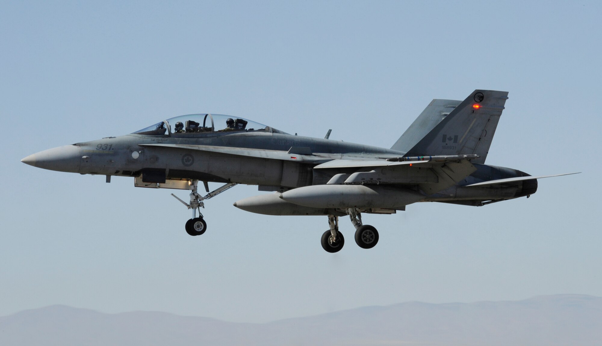 A CF-18 Hornet from the 409th Tactical Fighter Squadron at Cold Lake, Alberta, Canada, returns to Mountain Home Air Force Base, Idaho, after a simulated training mission Sept. 23 during Gunfighter Flag. The 409th's Hornets participated as friendly ?blue air forces" during the exercise.  Gunfighter Flag, which ran from Sept. 14 through 24, was Mountain Home?s first large-scale, multi-national exercise which brought more than 450 personnel from the U.S. Air Force, U.S. Navy and Canadian air force to the base.  (U.S. Air Force photo/Airman 1st Class Renishia Richardson)