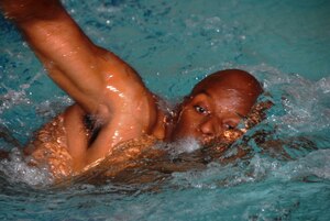 LANGLEY AIR FORCE BASE, Va. – Sergeant Maj. Ronald Smith, 529th Combat Service Support Battalion, Virginia Beach, exhales during a 200-meter freestyle swimming challenge here Sept. 25.  Nine Army National Guardsmen competed for the highly sought after and physically demanding German Armed Forces Badge for Military Proficiency, one of few approved foreign decorations military members can wear. (U.S. Air Force Photo/Master Sgt. Carlos J. Claudio)