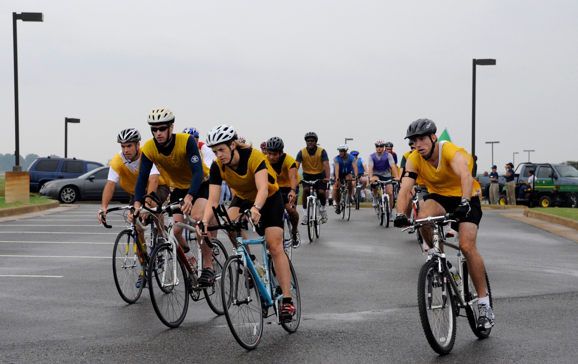 LANGLEY AIR FORCE BASE, Va. -- Members of Team Langley begin the cycling portion of a triathlon here Sept. 25. Approximately 21 teams signed up to battle it out over this 10K cycle, 5K run and 1.2K row.  (U.S. Air Force Photo/Senior Airman Dana Hill)