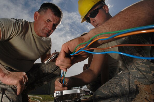 WHITEMAN AIR FORCE BASE, Mo. - U.S. Air National Guardsmen Staff Sgt. Darry Walker (left) and Master Sgt. Mike Leddy, 217th Engineering Installation Squadron, Springfield, Ill., separate colored stands of fiber optic cable to determine which stands need to be spliced Sept. 24. Air National Guard members from the 271st and the 241st spent more than two months at Whiteman replacing copper transmission cable with more efficient fiber optic cable. The fiber optic cable will provide 50 percent more capability and expansion to utilize a greater number of networked products. (U.S. Air Force photo/Senior Airman Kenny Holston)